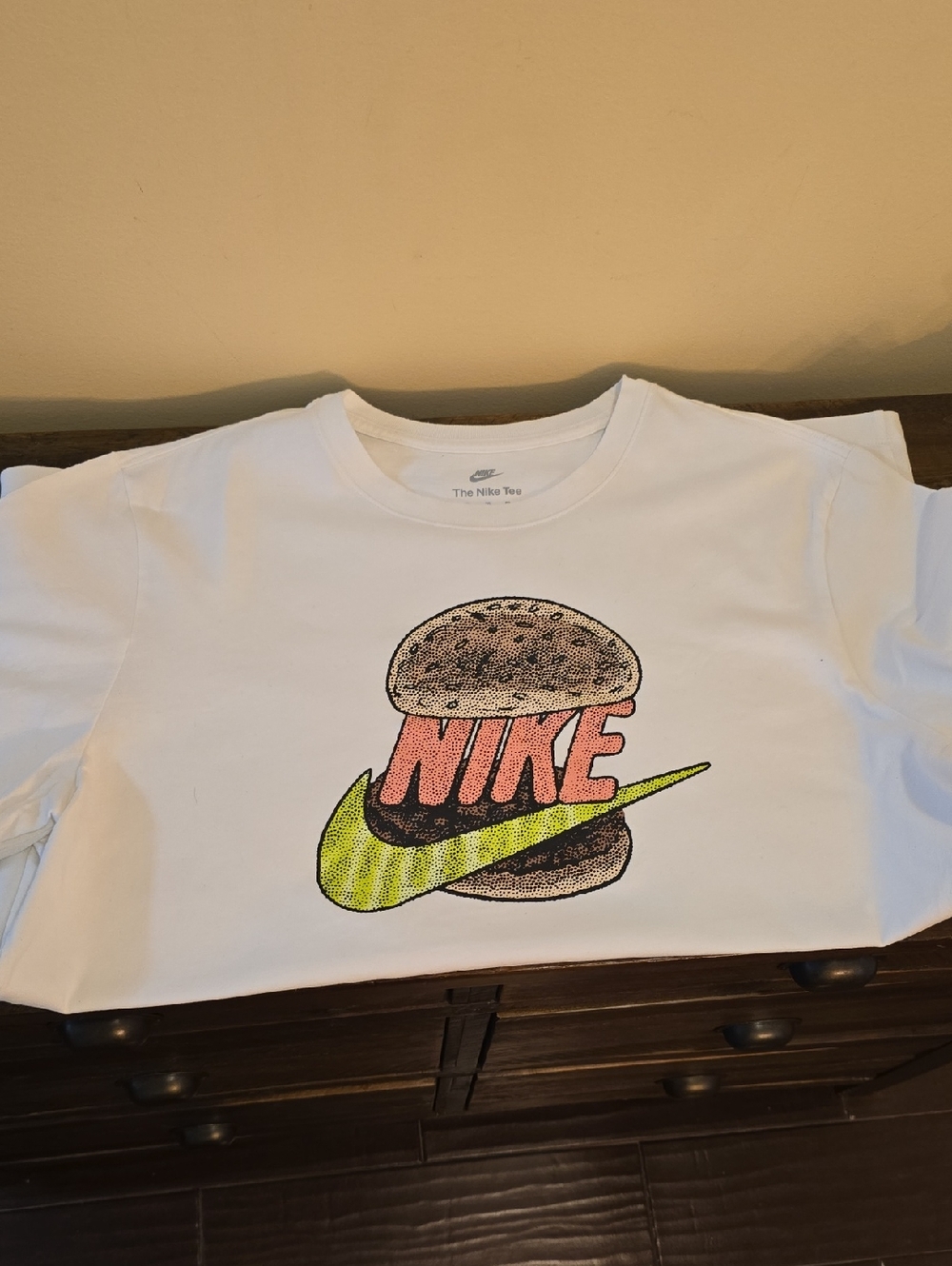 Mens Nike White T-Shirt with Burger Graphic Logo & Lime Swoosh